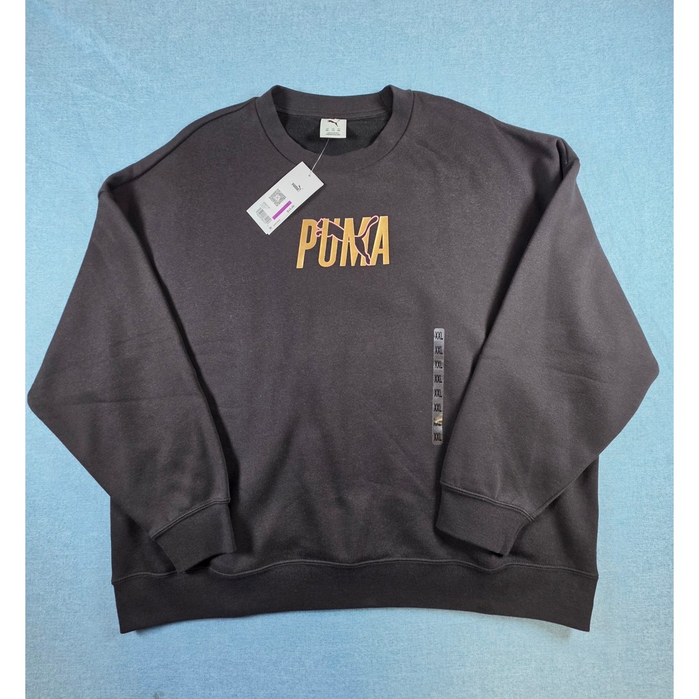 Puma Womens ESS Shine Crew Sweatshirt Black Gold Pink Logo XXL NWT
